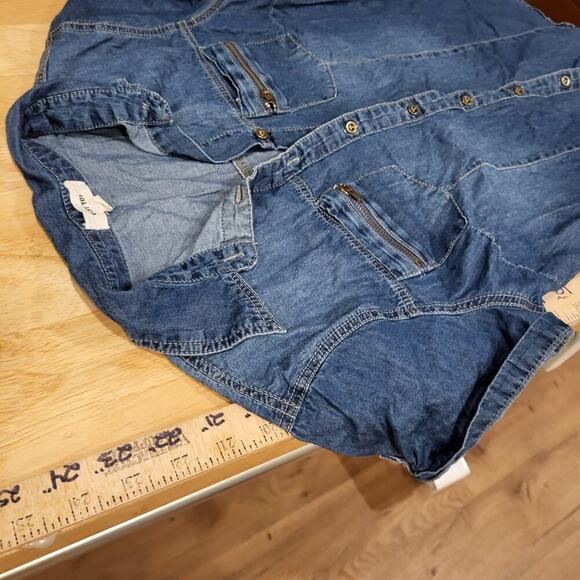 y2k Denim Cest Toi Denim Button Front Cap Sleeve Collared Top Zip Pocket - Picture 4 of 9